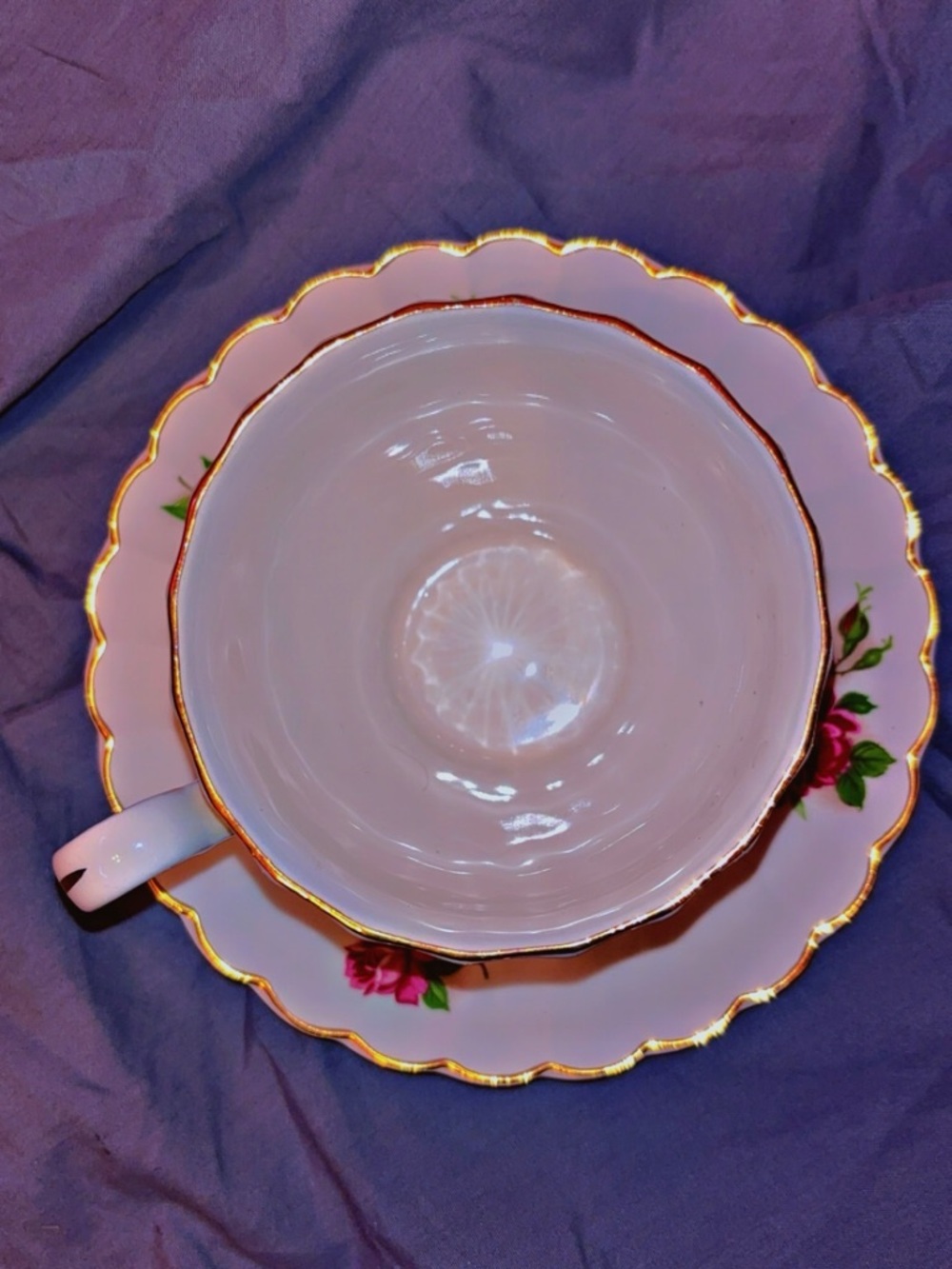 Johnson Bros England Moss Rose Teacup & Saucer - Fluted Ironstone Gold Trim